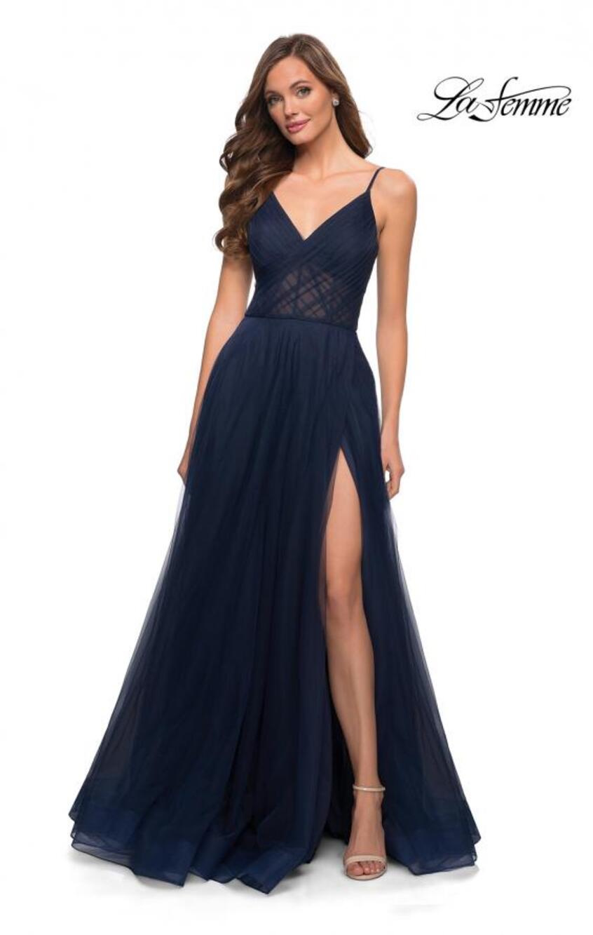 La Femme 29076 Navy Tulle Prom Dress 12 V Neck Sheer Bodice Slit A Line Gown